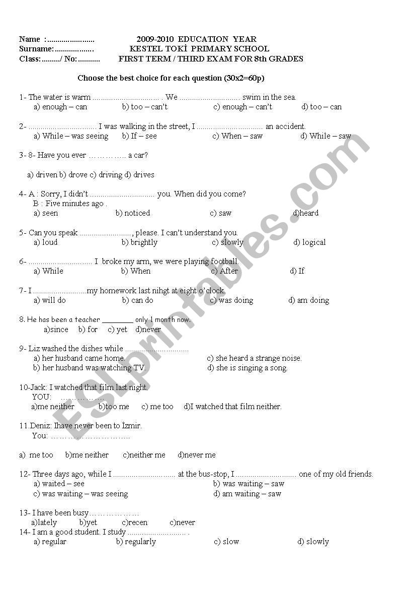 8 th class exam worksheet