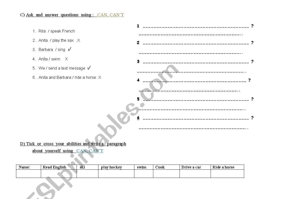 Can , cant worksheet