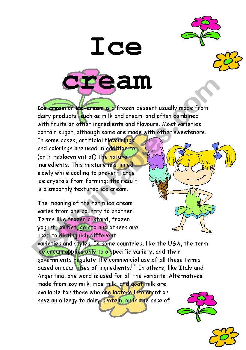 ice  cream reading test worksheet