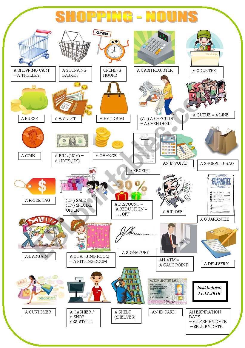 SHOPPING - nouns - pictionary worksheet