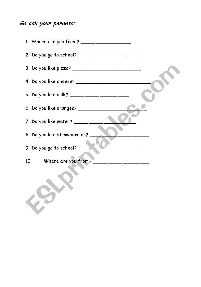 Ask your parents worksheet