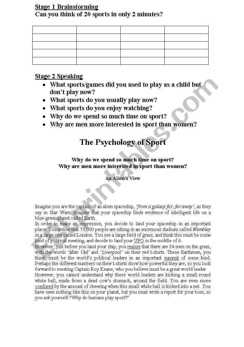 Sport Brainstorm worksheet