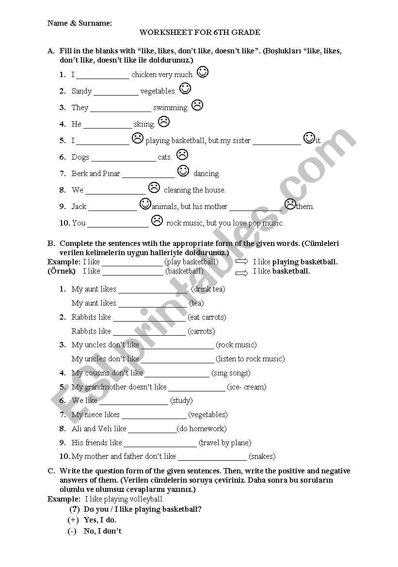 worsheet for likes &dislikes worksheet