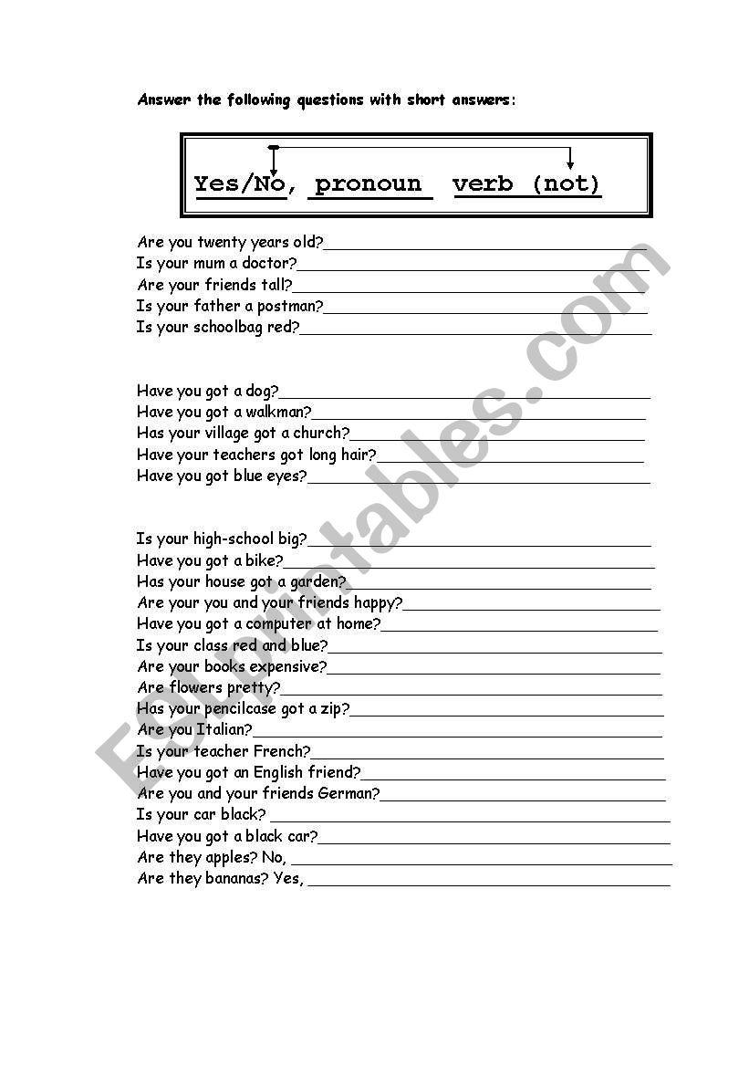 Short Answers worksheet