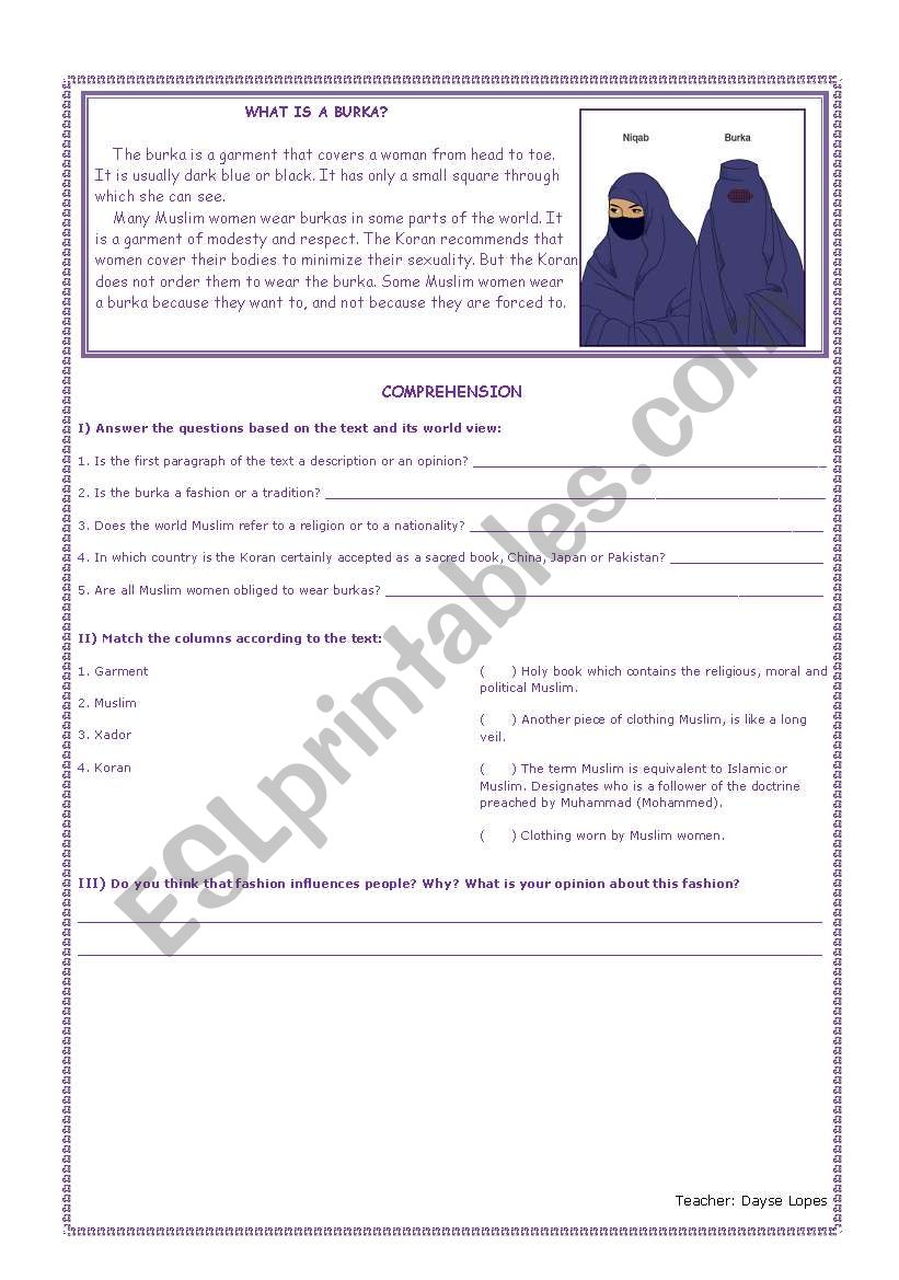 What is a burka? worksheet