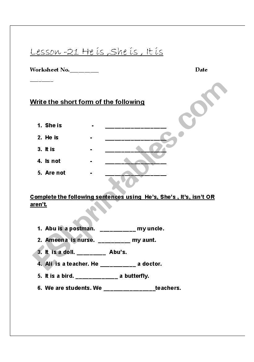 contraction worksheet