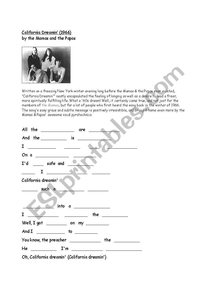 California Dreaming cloze exercise