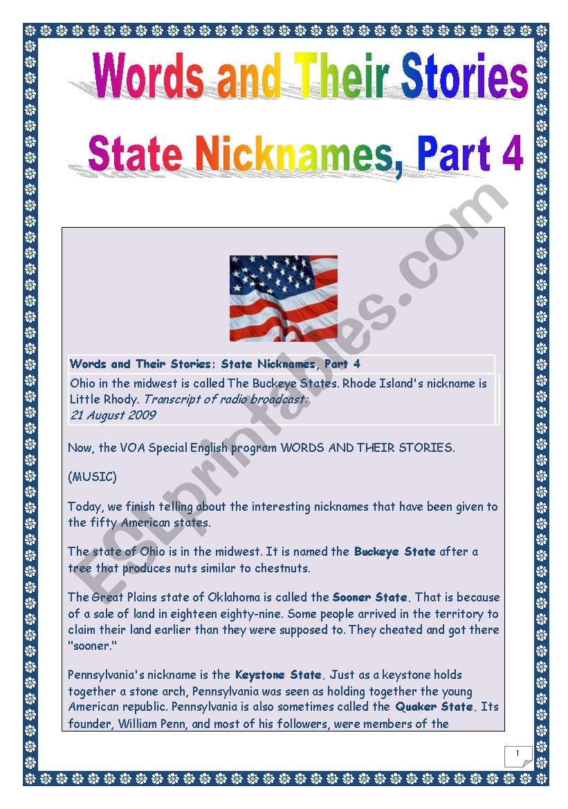 The USA- Words & their stories series - STATE NICKNAMES # 4 (Comprehensive PROJECT, 5 tasks, 11 pages, includes MP3 link & KEY)