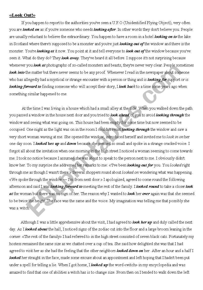Phrasal verbs with reading worksheet