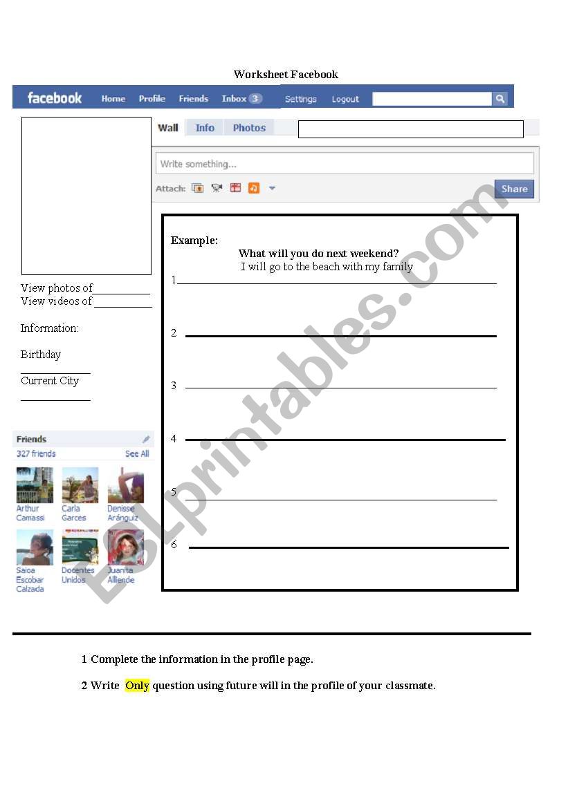 Facebook worksheet