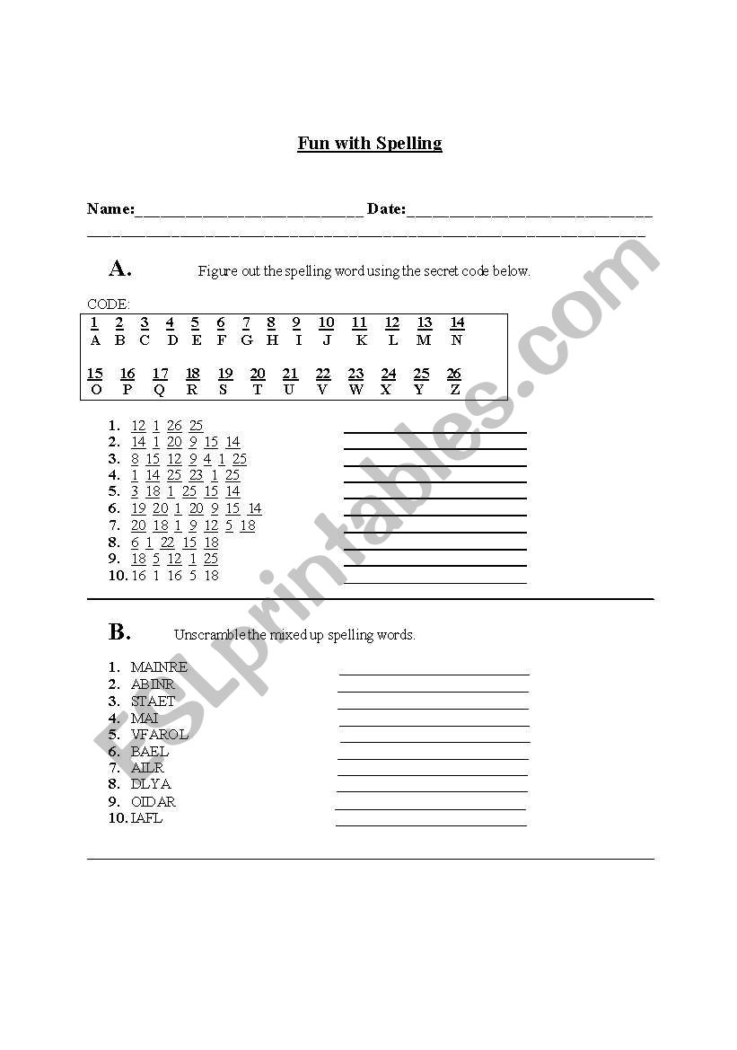 Fun with Spelling worksheet