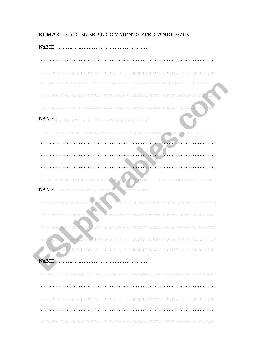 SHEET FOR REMARKS PER STUDENT worksheet