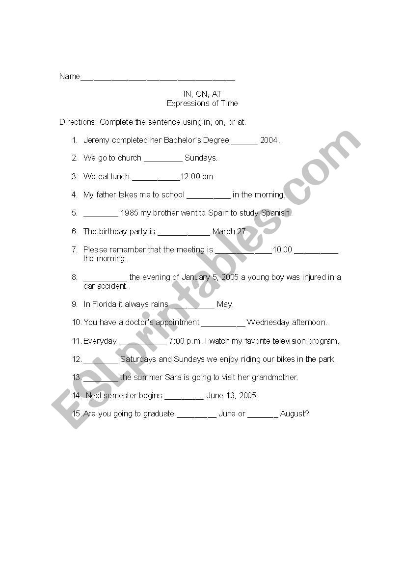 Prepositions of Time Worksheet- In, On, At