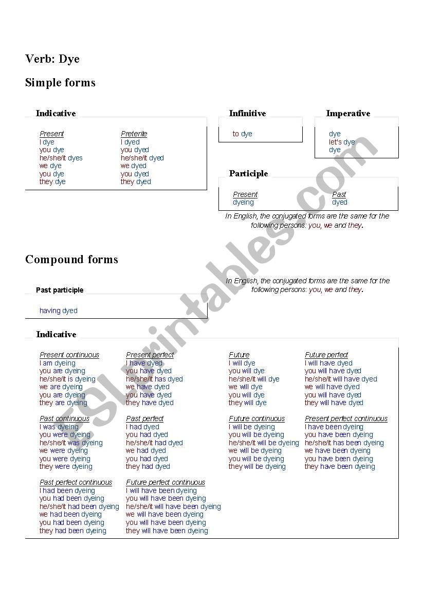 Verb-Dye worksheet
