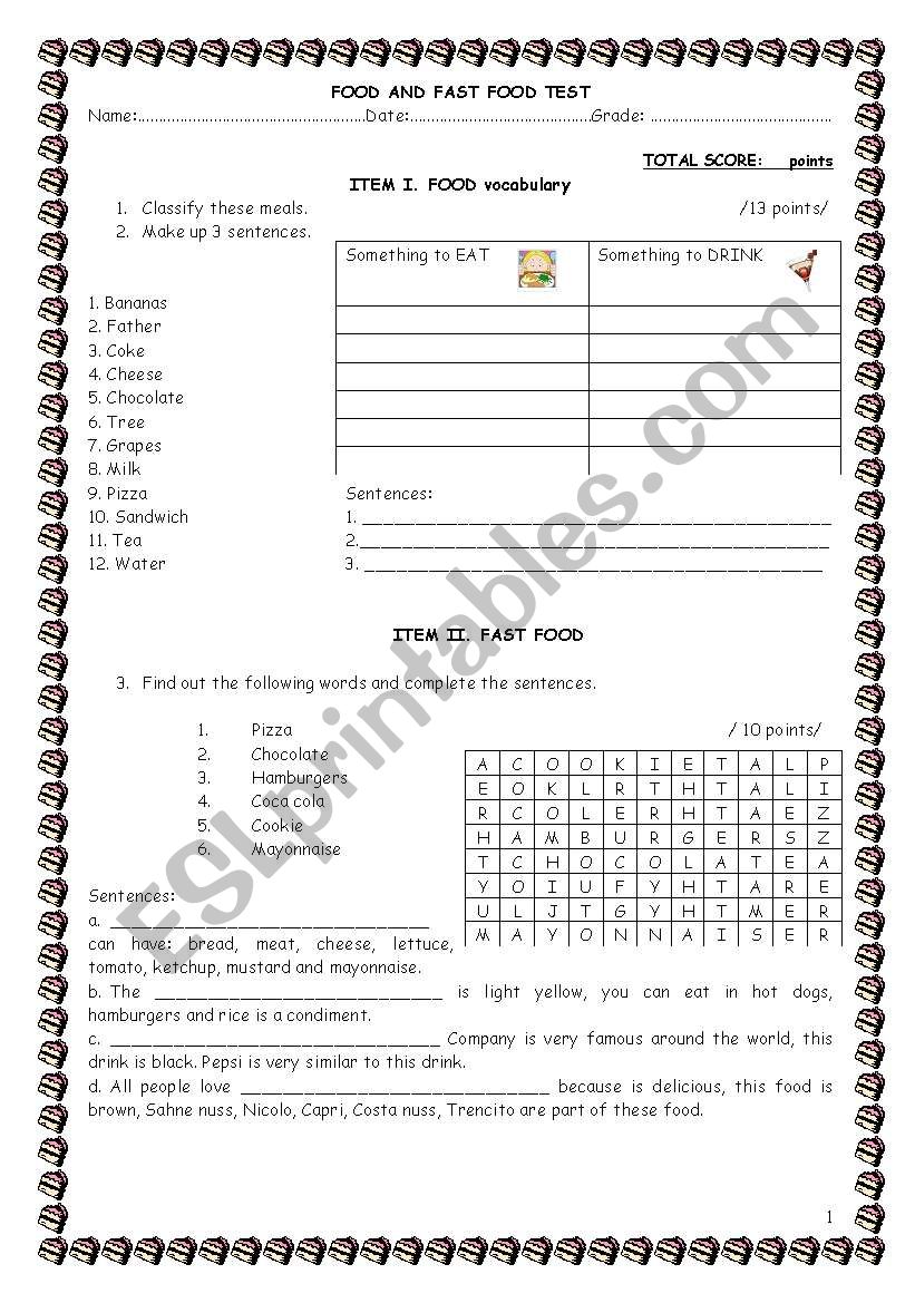 FOOD AND FAST FOOD worksheet