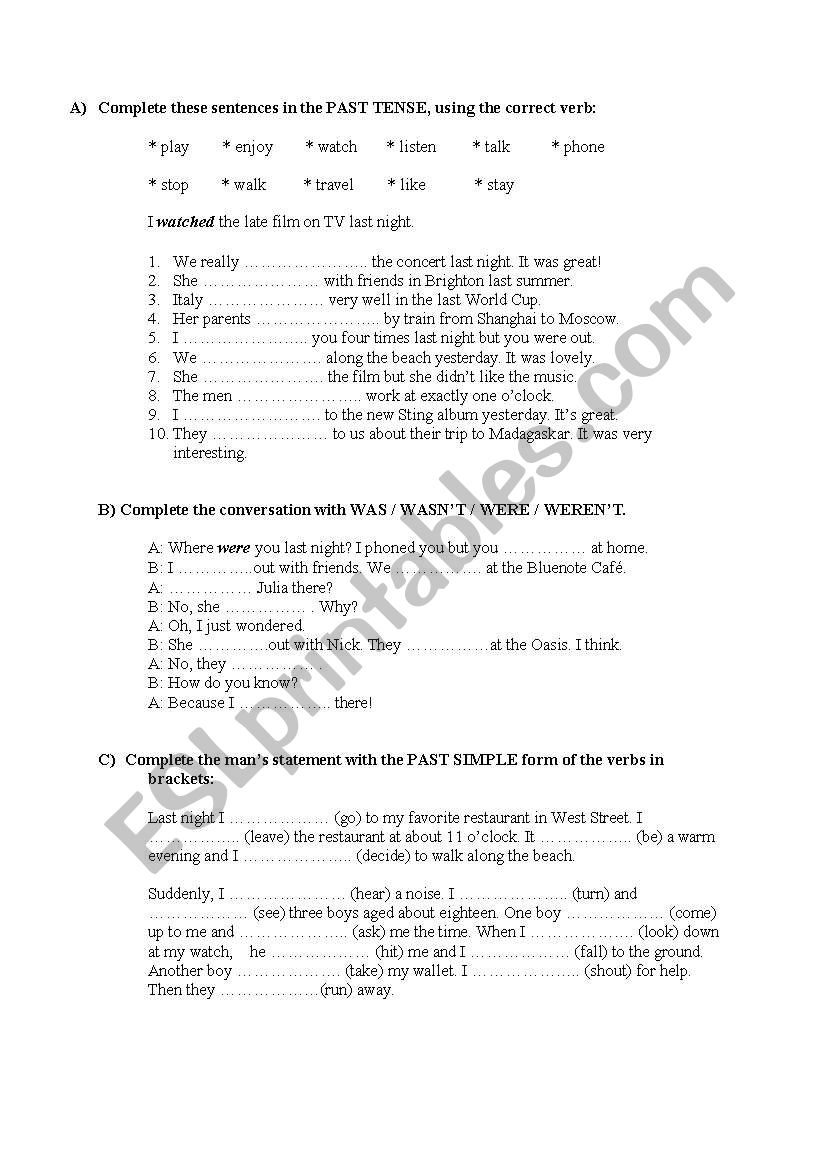 simple past tense worksheet