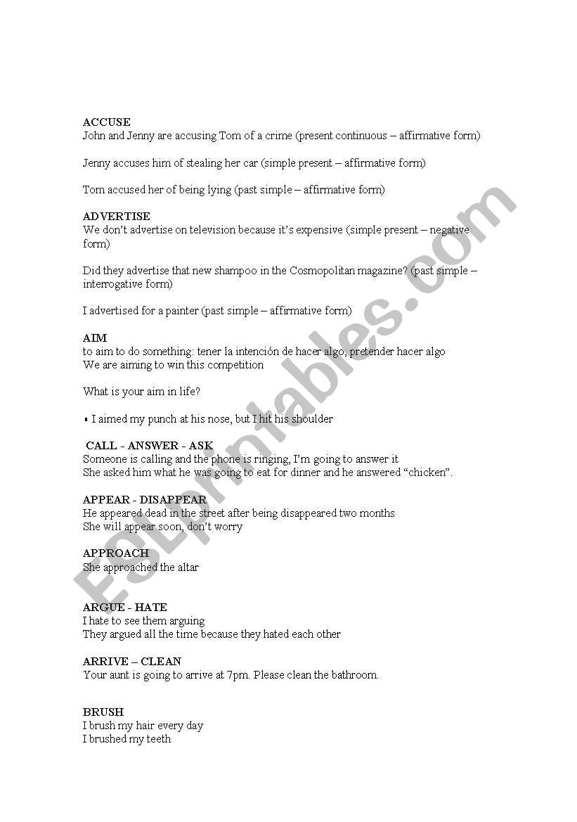 VERBS worksheet