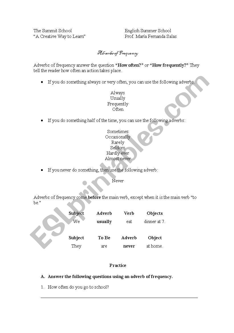 Adverbs of frequency worksheet