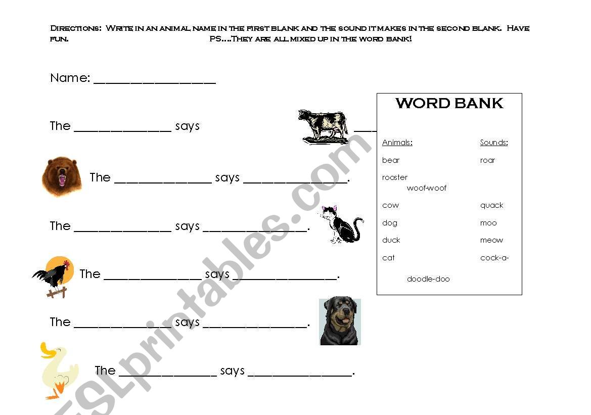 Animal Sounds Match-Up worksheet