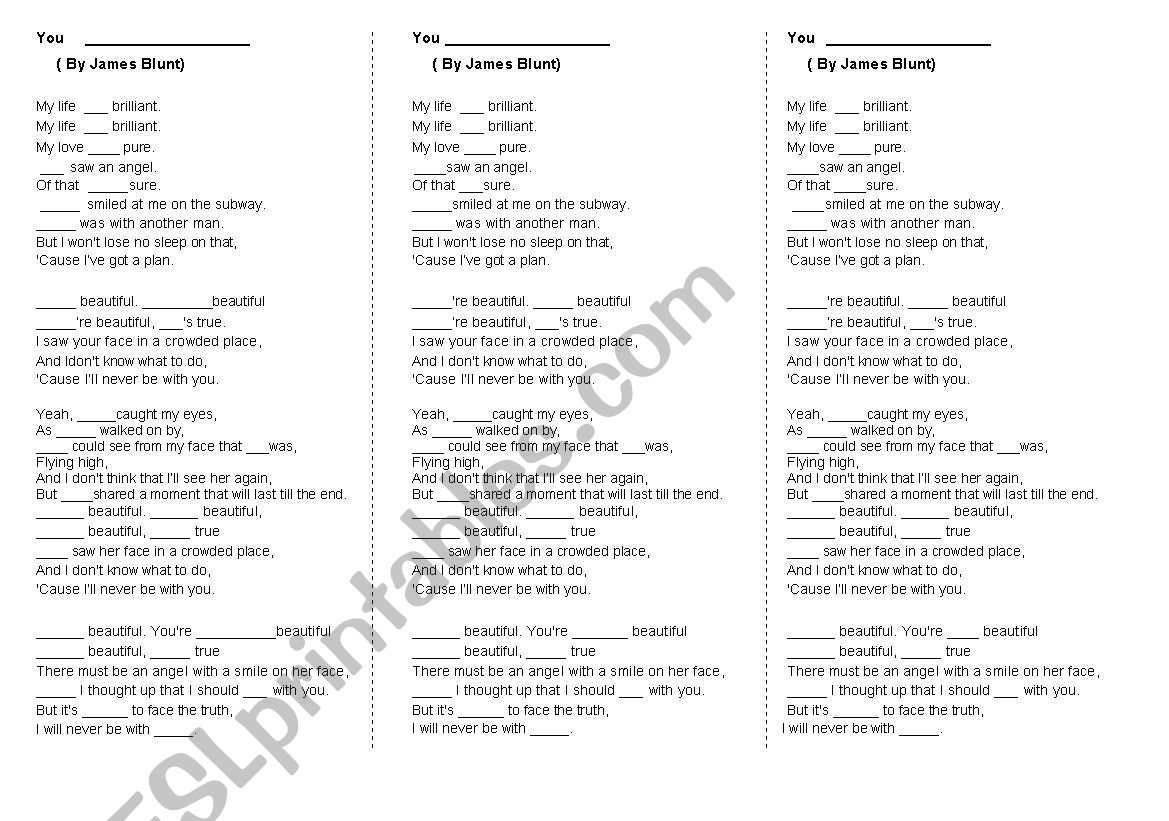 James Blunt Youre beautiful worksheet