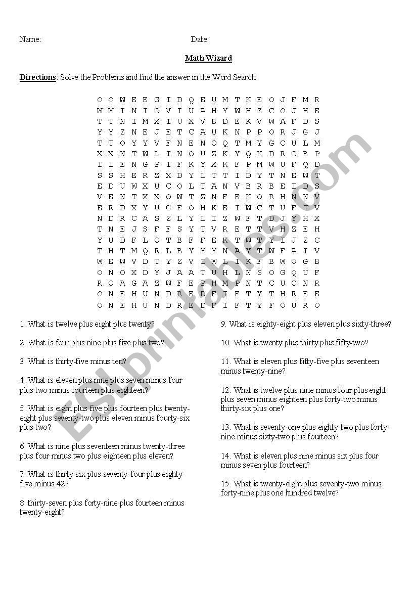 Math Wizard: Word Search worksheet