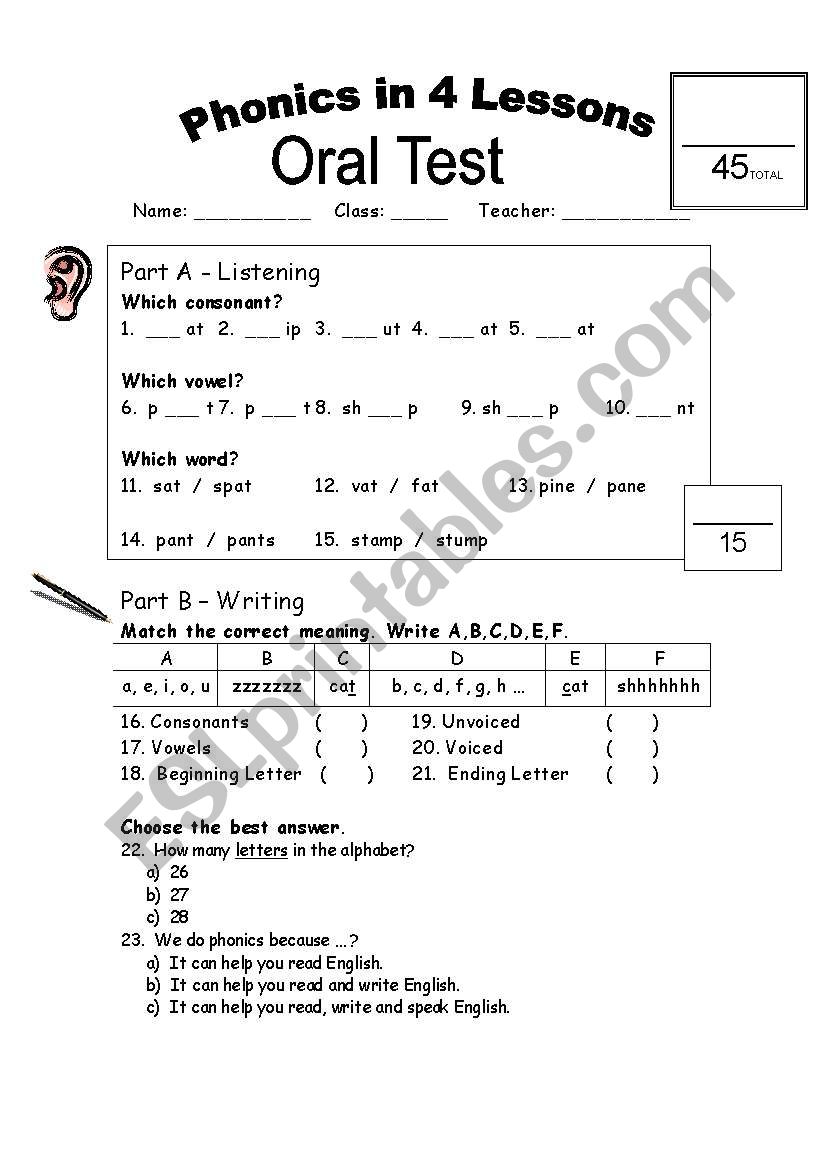 Phonics Test (After my Phonics in 4 Lessons WS.)