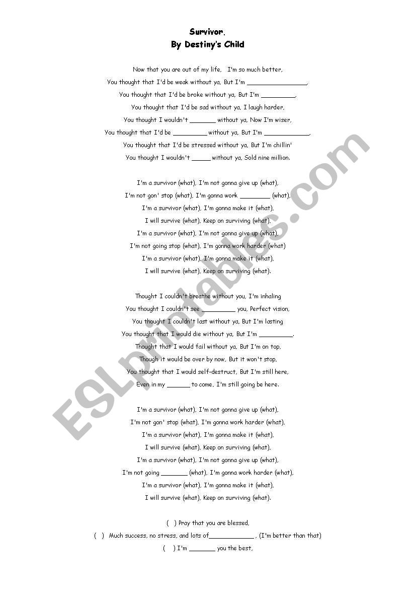 English worksheets: Survivor by Destiny´s Child Lyrics