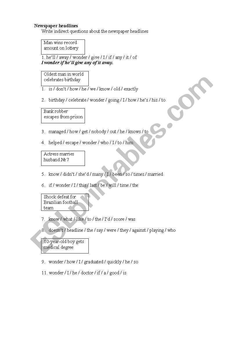 Newspaper Headlines worksheet