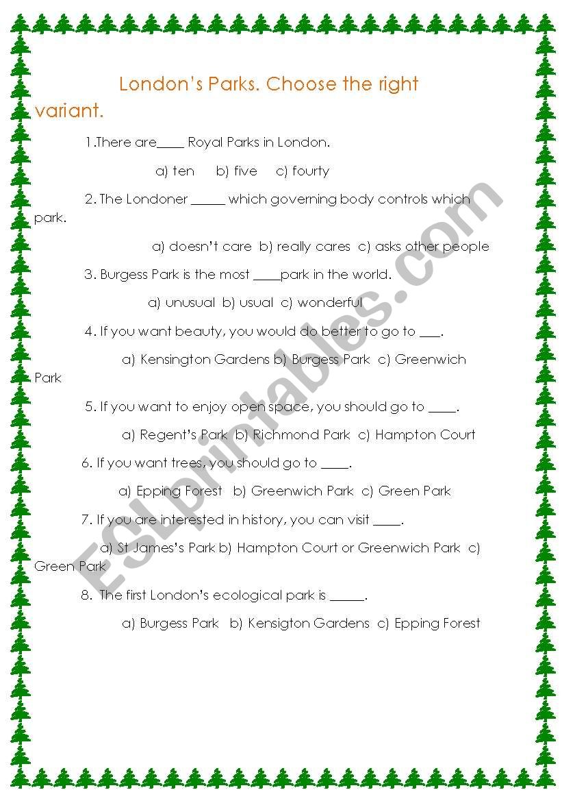 Londons Parks worksheet