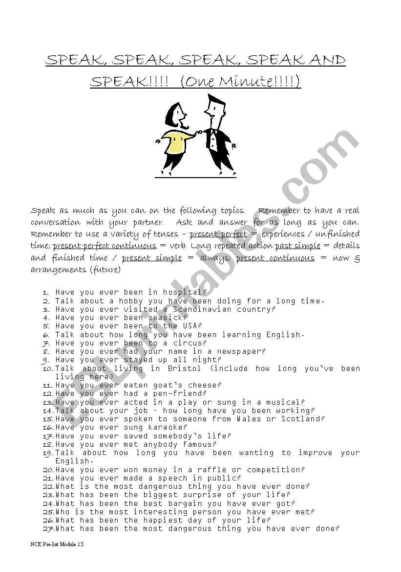 Present perfect simple & continuous speaking activity