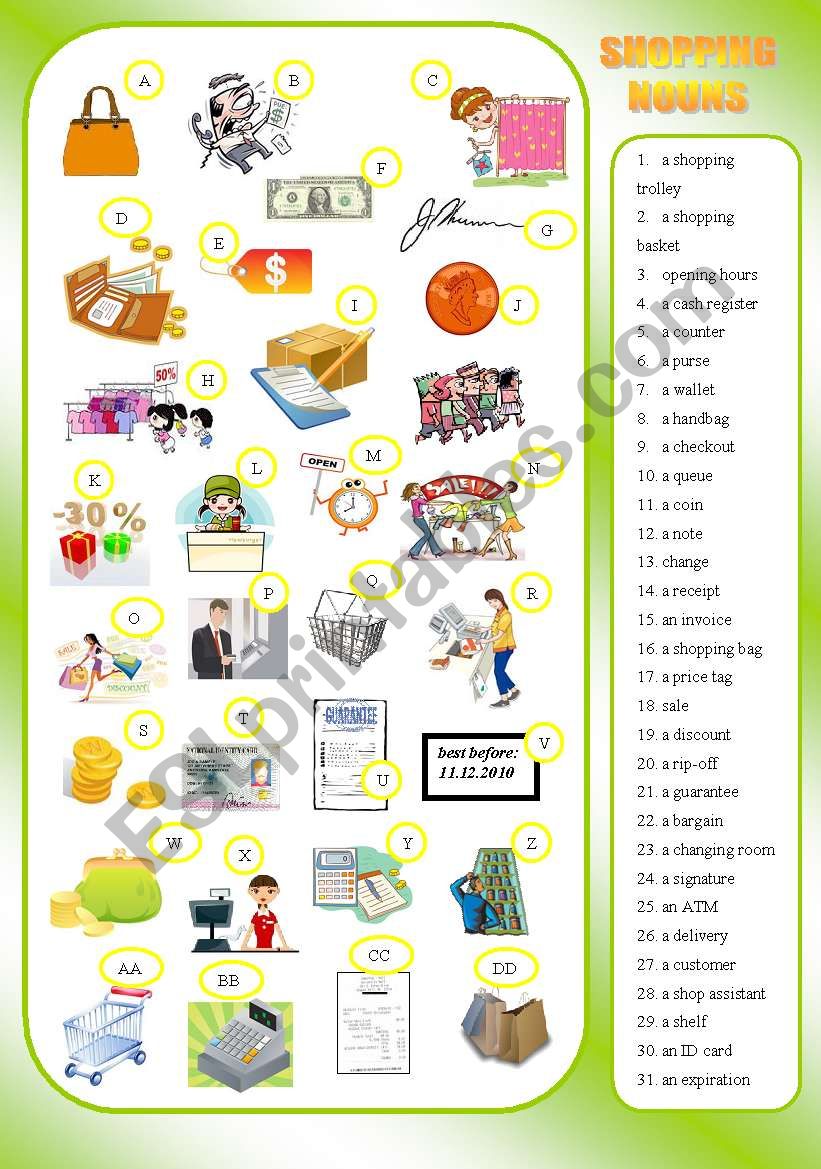 SHOPPING - nouns - matching  worksheet