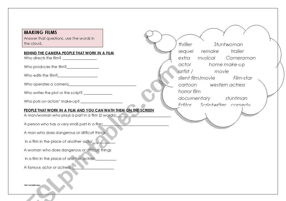 vocabulary  cinema worksheet