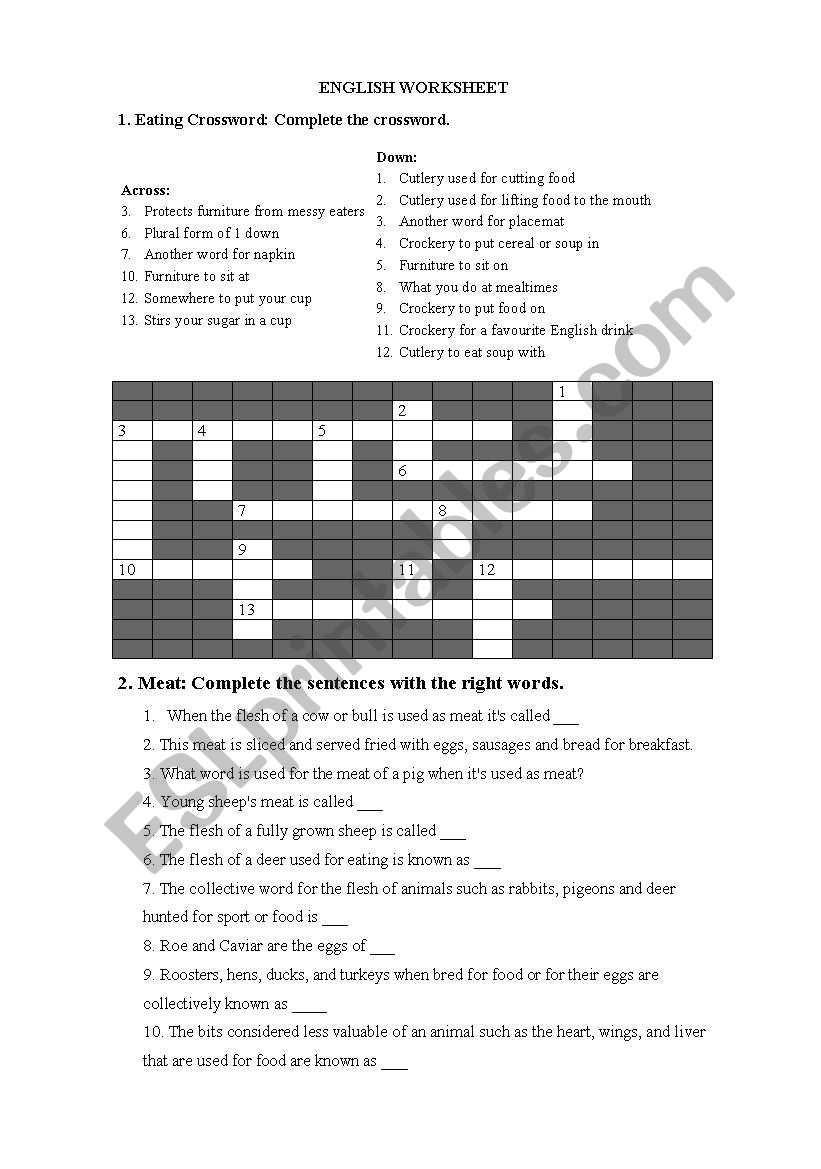 meat and table vocabulary worksheet