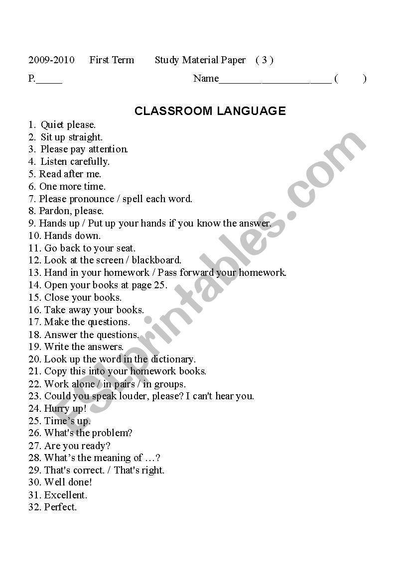 Classroom Language worksheet