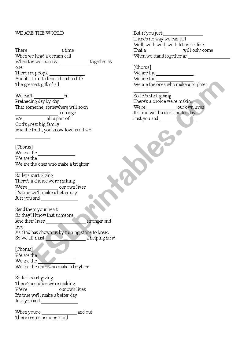 Michael Jacksons We are the World fill in the blanks exercise