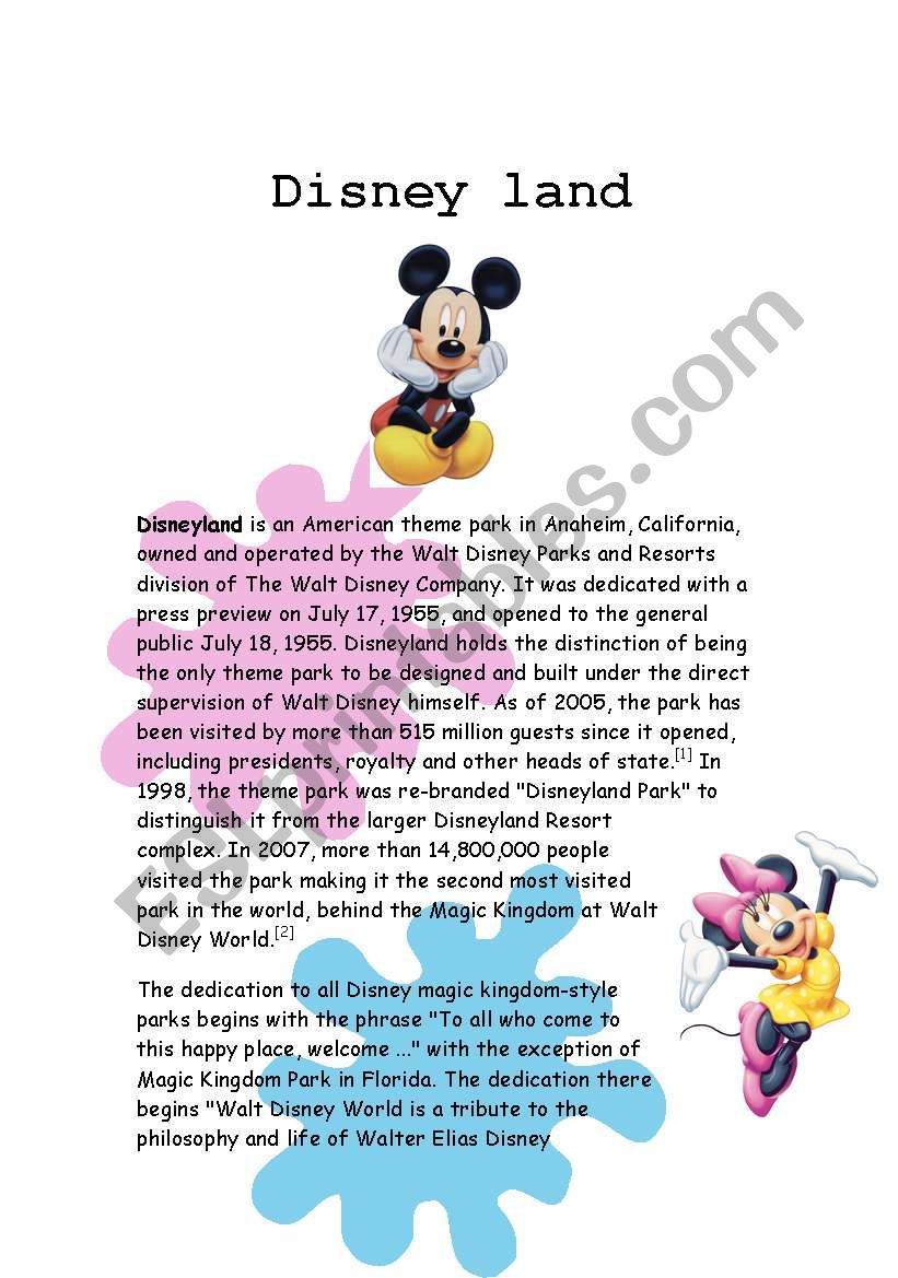 English Worksheets Disney Land Reading