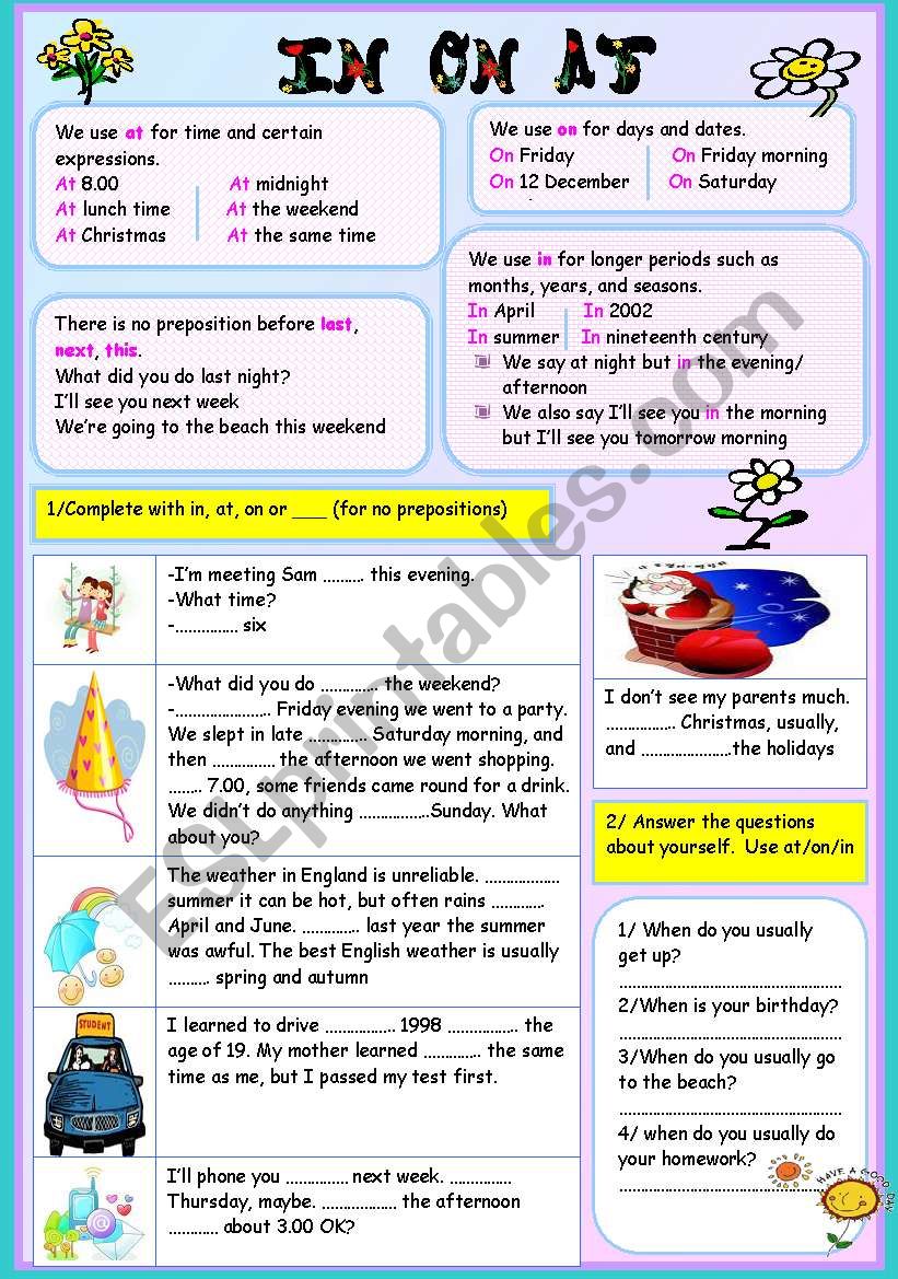 in/on/at prepositions of time worksheet