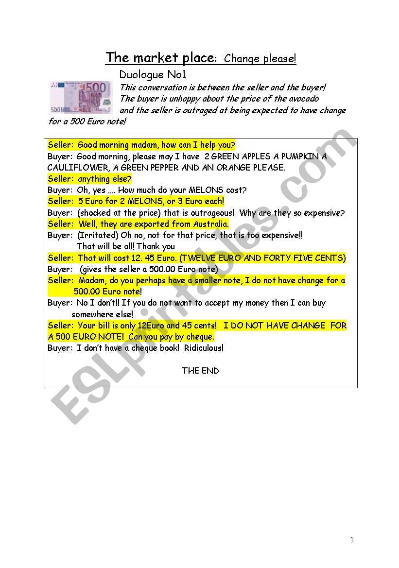 The market place duologue worksheet