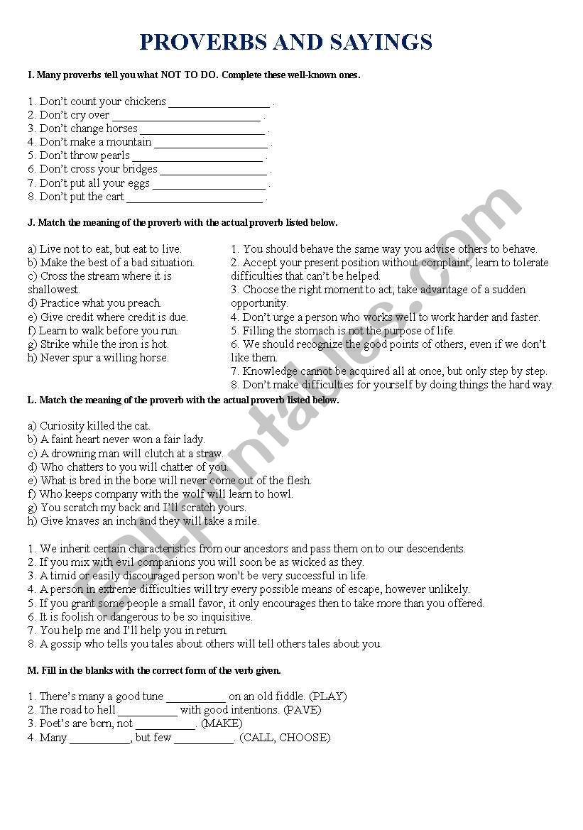 Proverbs and Sayings worksheet