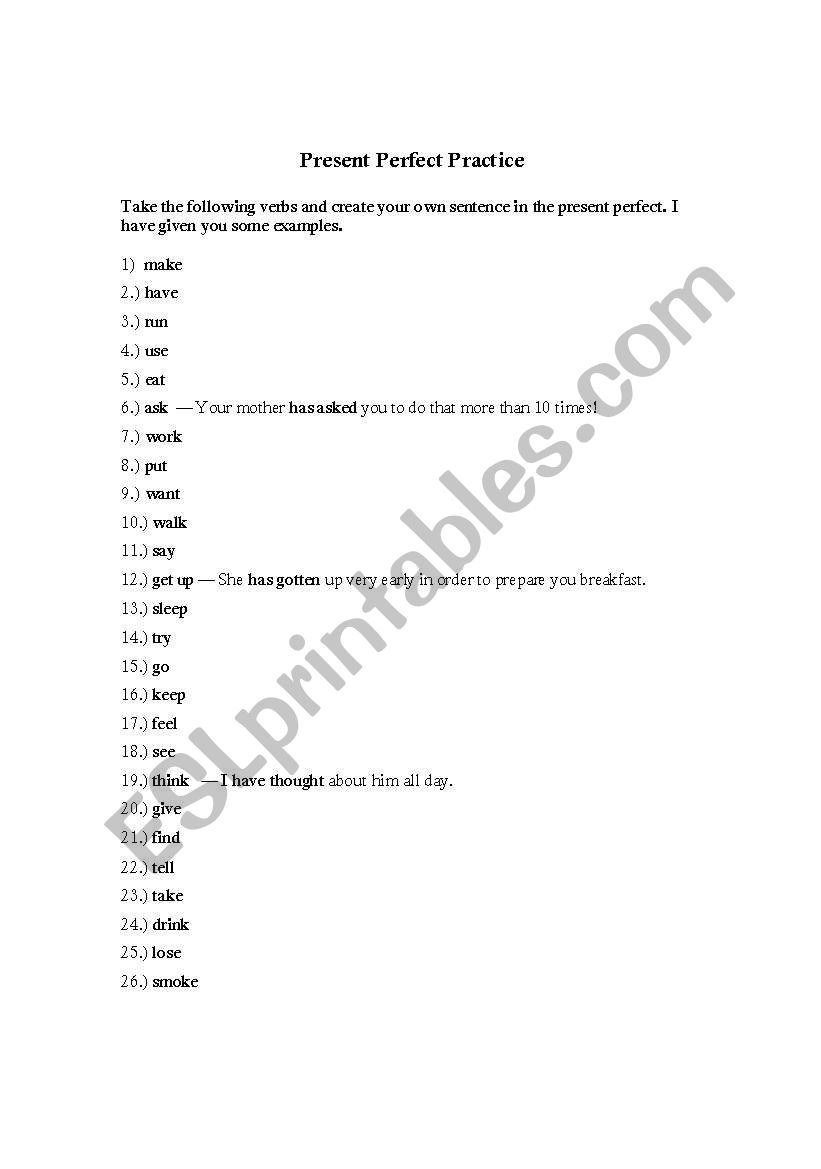 Present perfect practice worksheet