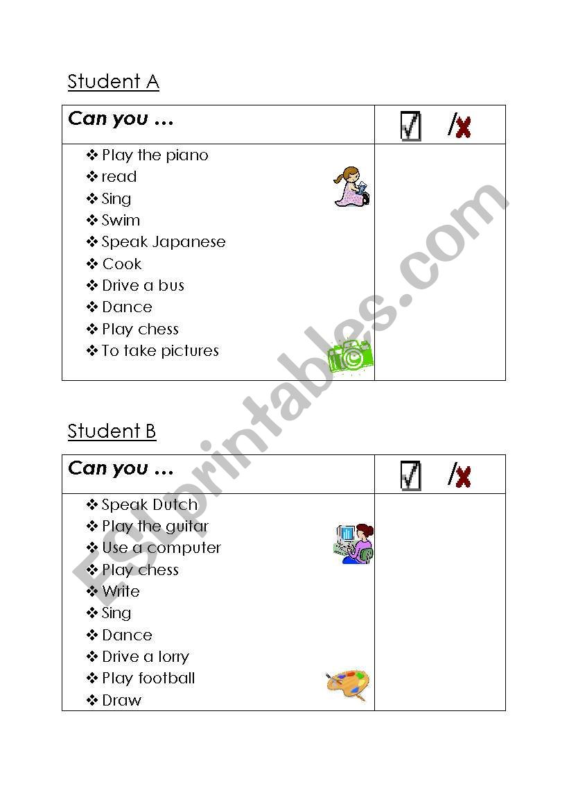 Can / Cant ( Pair works) worksheet