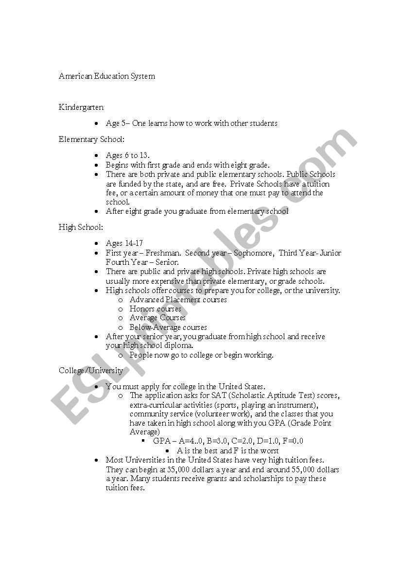 American Education System worksheet