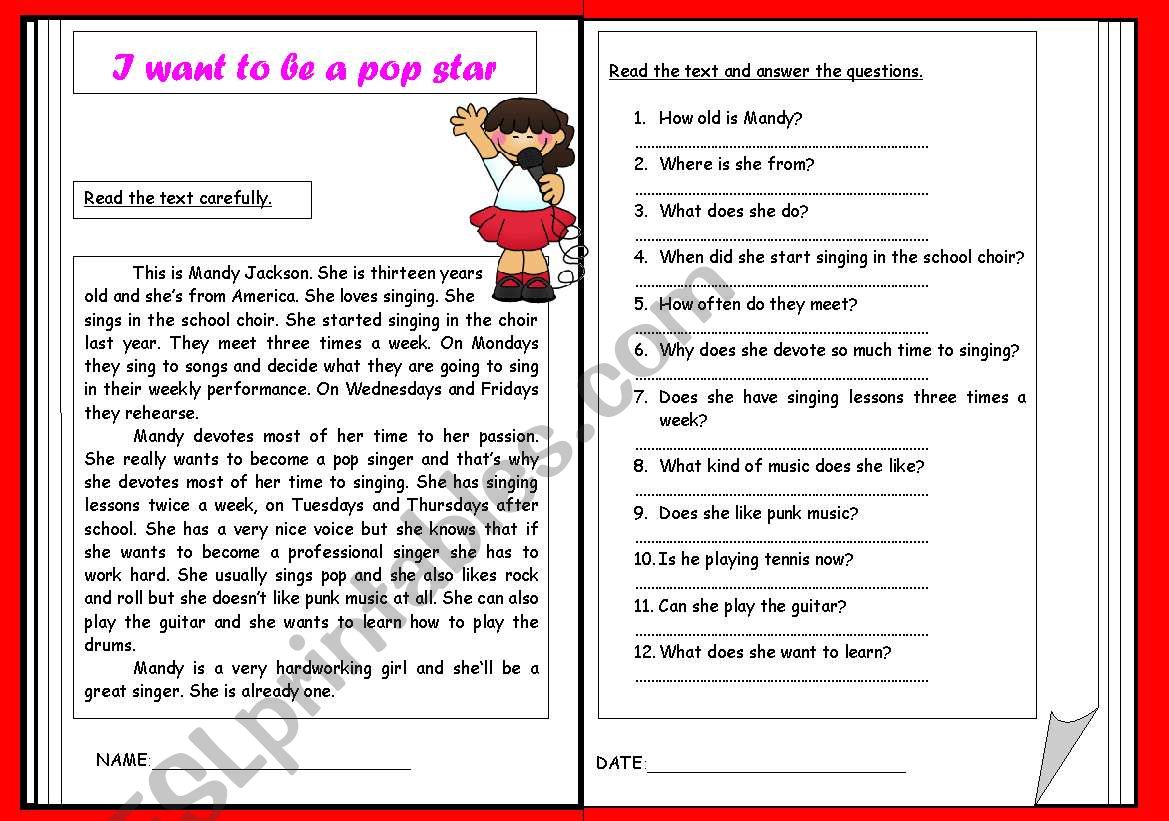 I want to a pop star worksheet