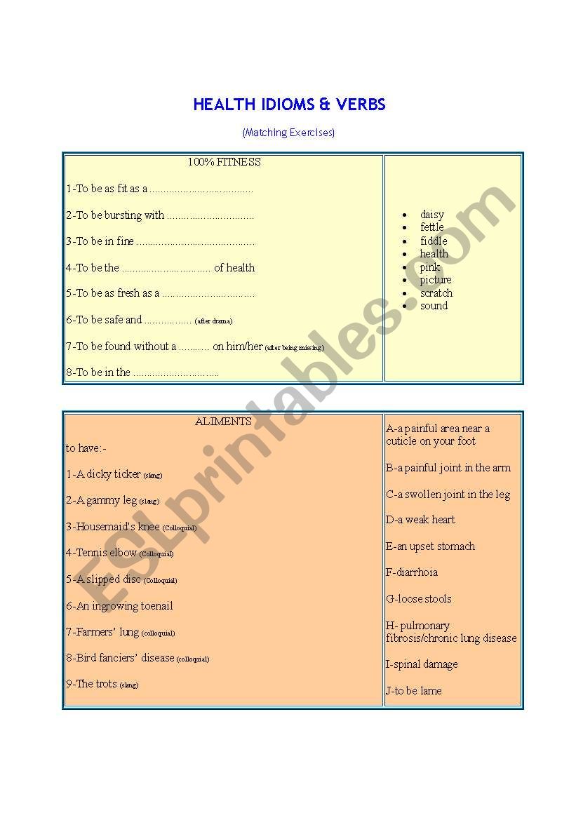 Health idioms worksheet