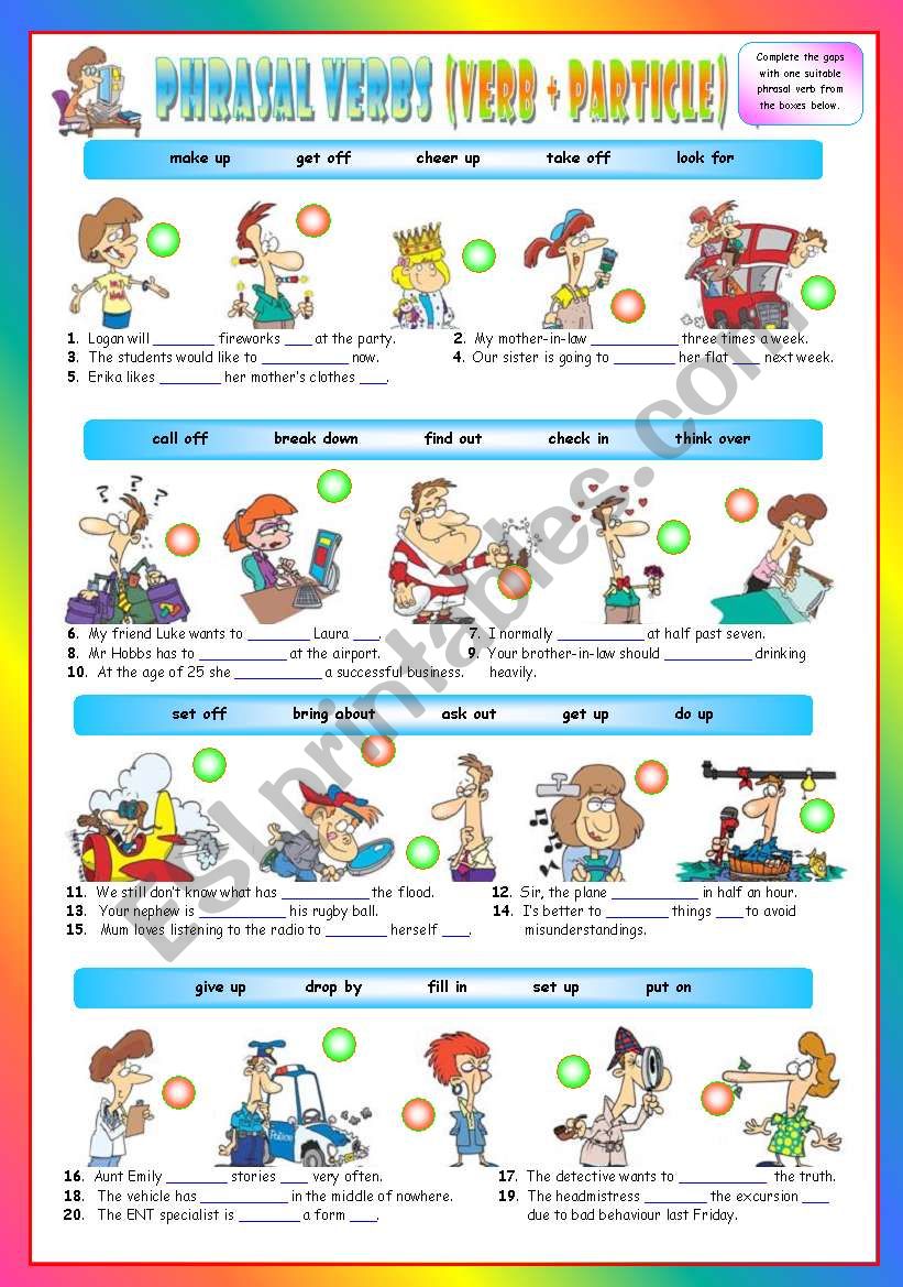 Phrasal Verbs (Fifth series). Exercises (Part 2/3). Key included!!! (The preview looks a bit distorted, but the document is perfectly fine after downloading it)