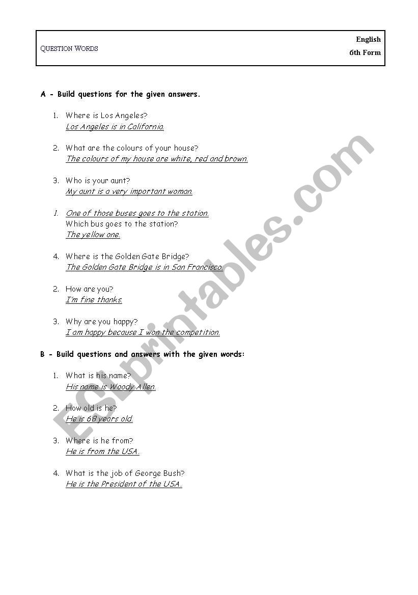 Question Words worksheet