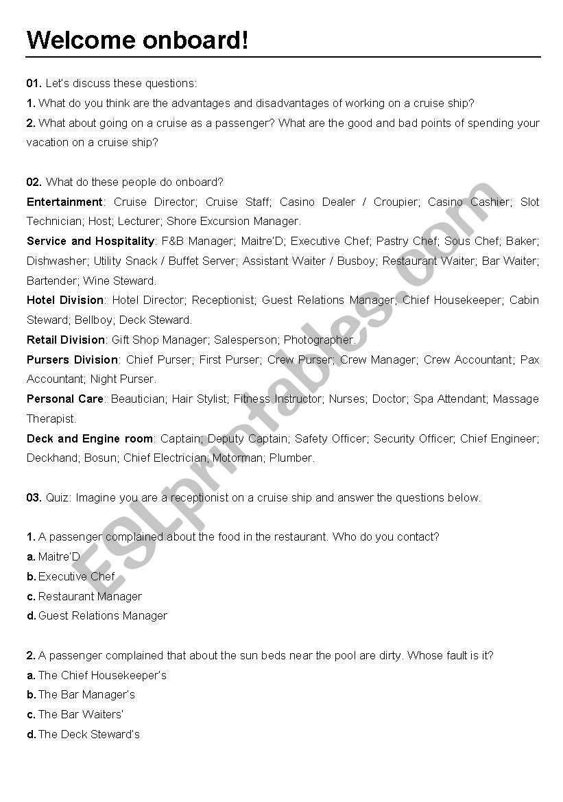Welcome Onboard worksheet