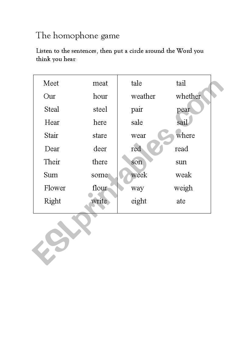 the homophone game worksheet