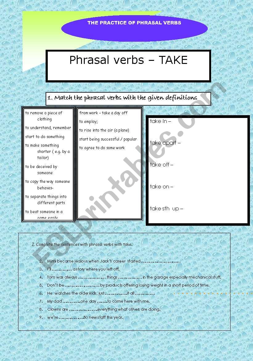 Phrasal verbs - take worksheet