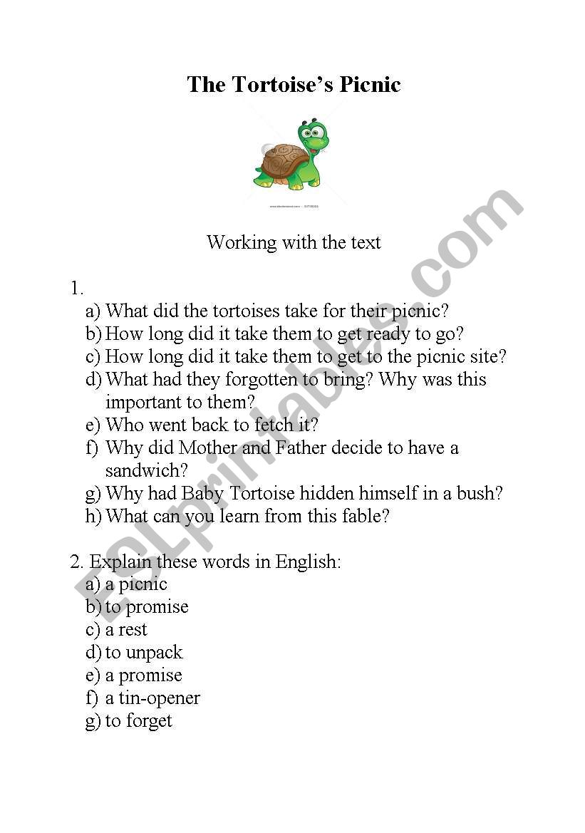 The Tortoises picnic worksheet